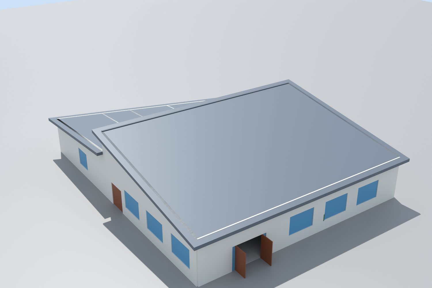 Rendered view from the north-east showing the main entry, the north windows and the east windows along the flank.