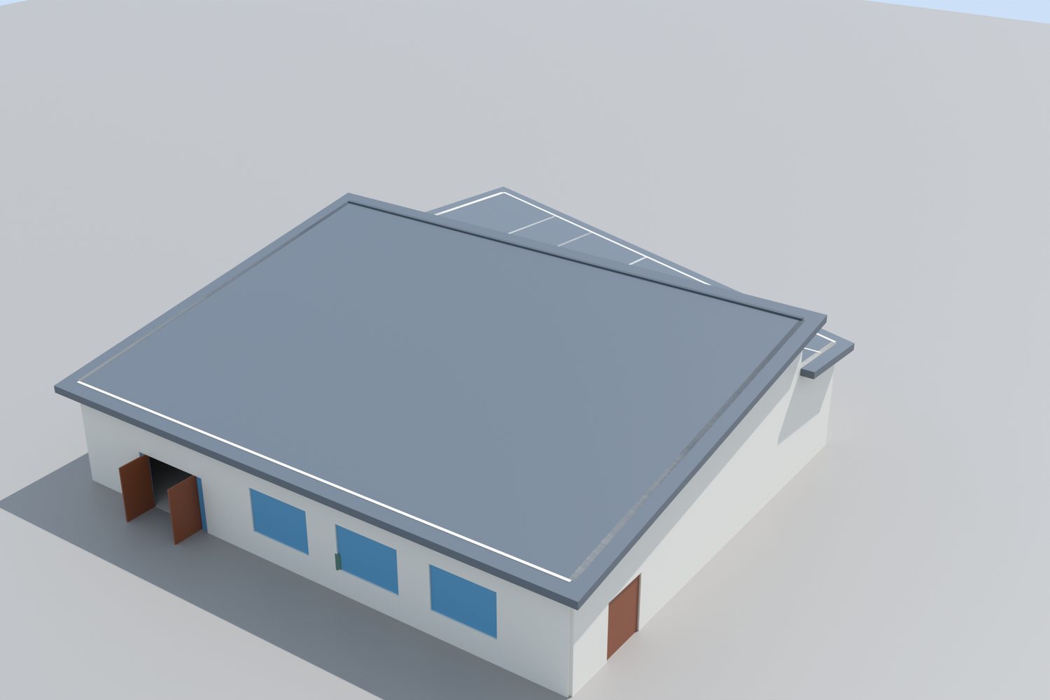 Rendered view from the north-west showing the north face and the solid west wall.