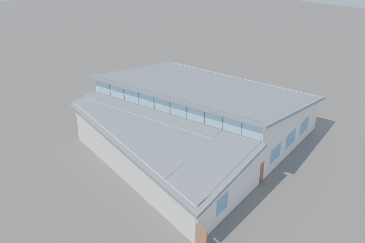 Rendered view from the south-east showing the angled south wall, the two offset roof planes and the clerestory glazing between them.