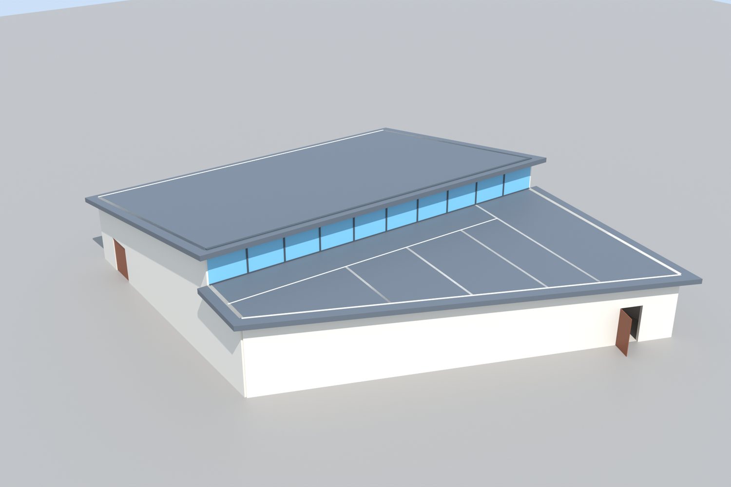 Rendered view from the south-west showing the angled south wall meeting the solid west wall.