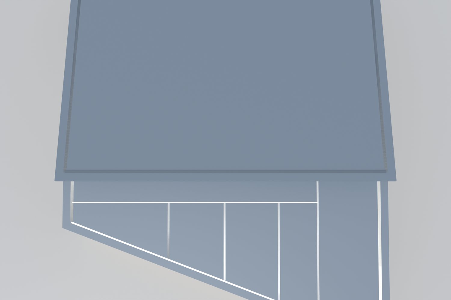 Aerial rendered view showing the two offset roof planes and the ridge line where the clerestory sits.